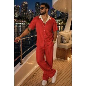 Tulliano Bay Set Men’s Large Red 100% Silk 2 Pc Shirt Pants Outfit NWT Camp